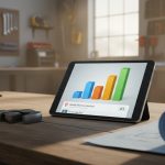 A professional high-resolution hero image showing a digital tablet resting on a wooden workbench in a well-lit workshop. Beside the tablet are blueprints and a pipe wrench. The tablet screen displays a glowing 3D growth chart and a Google Map Pack result showing a local business in the top ranking position. The scene blends traditional trade tools with modern marketing technology, symbolizing a successful, data-driven service business.