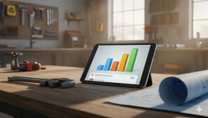 A professional high-resolution hero image showing a digital tablet resting on a wooden workbench in a well-lit workshop. Beside the tablet are blueprints and a pipe wrench. The tablet screen displays a glowing 3D growth chart and a Google Map Pack result showing a local business in the top ranking position. The scene blends traditional trade tools with modern marketing technology, symbolizing a successful, data-driven service business.