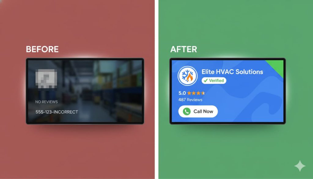 A professional split-screen comparison graphic titled "Before and After." The left side shows a neglected, dim local business listing with a red tint, missing photos, no reviews, and incomplete contact information. The right side shows a vibrant, high-performance Google Map Pack result for a trades business, featuring a sharp professional logo, a 5.0-star rating with a high review count, a "Verified" checkmark, and a clear, prominent "Call Now" button.