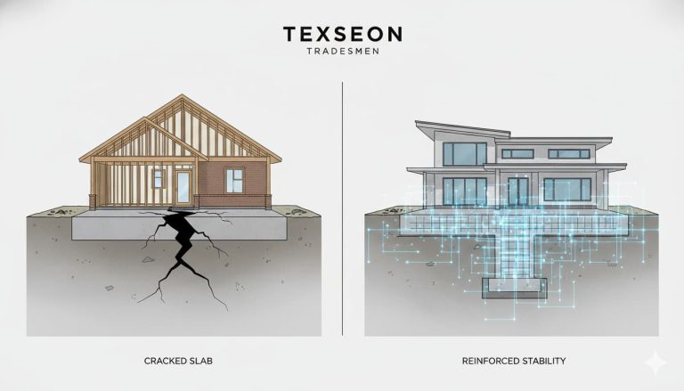 A split-screen infographic showing a house with a cracked slab on the left and a perfectly level, reinforced concrete foundation on the right with technical labels.